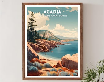 Acadia National Park Maine Retro Travel Poster, Mid Century Modern Vintage Landscape Art, North America Wall Art