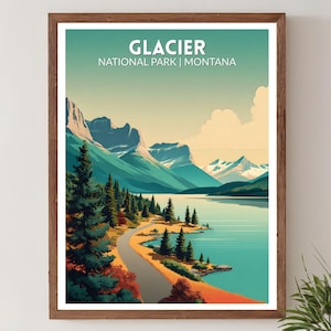 Könnte beinhalten: Ein gerahmter Kunstdruck mit einer malerischen Ansicht des Glacier-Nationalparks in Montana. Das Kunstwerk zeigt einen türkisfarbenen See, eine kurvenreiche Straße und hoch aufragende Berge unter einem blau-gelben Himmel. Der Text "GLACIER NATIONAL PARK | MONTANA" ist oben zu sehen.