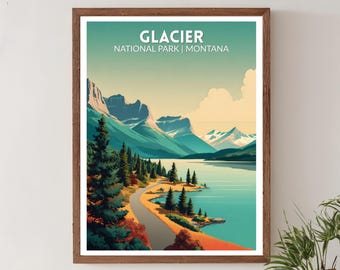Pôster retrô de viagem do Parque Nacional Glacier, Montana, impressão de arte de parede moderna de meados do século, decoração vintage de paisagem de montanha, arte americana para casa.