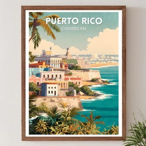 May include: A framed art print featuring a coastal scene of Puerto Rico. The artwork showcases colorful buildings, a lighthouse, and palm trees against a turquoise sea and a light blue sky. The text "PUERTO RICO CARIBBEAN" is at the top.