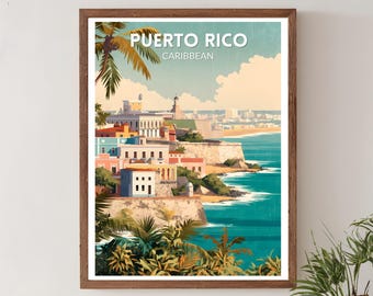 Poster di viaggio retrò di Porto Rico, arte vintage delle isole caraibiche in stile moderno di metà secolo, arte murale caraibica