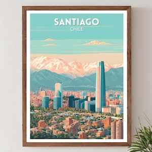May include: A framed art print featuring a stylized illustration of Santiago, Chile. The artwork showcases a cityscape with tall buildings, mountains, and the text "SANTIAGO CHILE" at the top. The color palette includes shades of blue, orange, and pink.