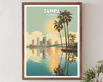 Tampa Florida Retro Travel Poster, Mid Century Modern Wall Art Print, Vintage Coastal Cityscape Decor, Florida Poster, Home Decor