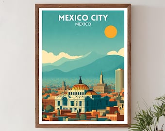 Puede incluir: Una impresión artística enmarcada que presenta una ilustración estilizada de la Ciudad de México. La obra de arte representa un paisaje urbano con un gran edificio con una cúpula dorada, montañas y un sol naranja brillante. Las palabras "MEXICO CITY MEXICO" están en la parte superior.