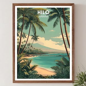 May include: A framed art print featuring a tropical beach scene with palm trees, turquoise water, and a sandy shore. The print includes the text "HILO HAWAII" at the top, with a mountain in the background. The artwork is in a vintage travel poster style.