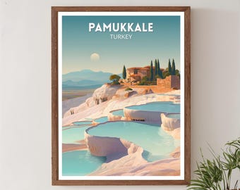 Pamukkale-Turkije retro reisposter, moderne vintage landschapskunst uit het midden van de eeuw, kunst aan de muur Azië