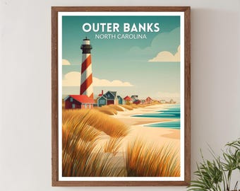 Outer Banks North Carolina Retro Travel Poster, Mid Century Modern Vintage Coastal Art, North America Wall Art