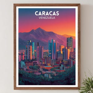 Caracas Venezuela Lebendiges Reiseplakat, Retro futuristische Wandkunst Druck, Buntes Stadtbild, Modernes Lateinisches Dekor