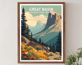 Great Basin National Park Nevada Retro Travel Poster, Mid Century Modern Vintage Landscape Art, North America Wall Art