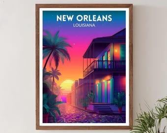 Levendige reisposter New Orleans Louisiana, retro futuristische kunst aan de muur, kleurrijk stadsgezicht decor, poster Louisiana, modern decor