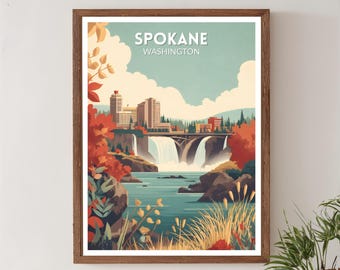 Spokane Washington Retro Travel Poster, Mid Century Modern Vintage Cityscape Art, North America Wall Art