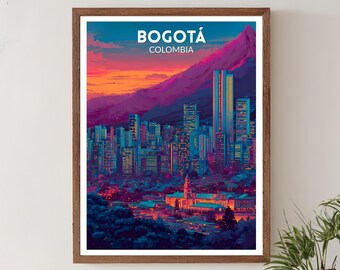 Bogotá Colombia Vibrant Travel Poster, Retro Futuristic Wall Art Print, Colorful Cityscape Landscape, Modern Latin Decor
