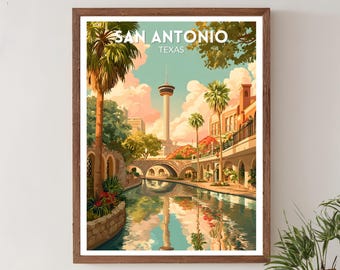 Póster de viaje retro de San Antonio, Texas, impresión de arte mural moderno de mediados de siglo, decoración de paisaje urbano vintage, póster de Texas, decoración del hogar, Texas