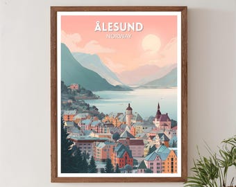 Plakat podróżniczy Ålesund Norwegia w stylu retro, sztuka pejzażowa w stylu mid-century modern, sztuka ścienna Europy
