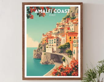 Affiche de voyage rétro de la côte amalfitaine en Italie, impression d'art mural moderne du milieu du siècle, décoration vintage de paysage côtier, art maison méditerranéen
