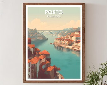 Plakat podróżniczy w stylu retro z Porto i Portugalii, sztuka pejzażowa z połowy XX wieku w stylu vintage, sztuka ścienna z Europy