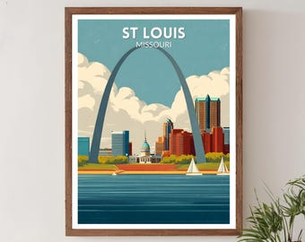 May include: A framed art print featuring a stylized illustration of St. Louis, Missouri. The artwork depicts the Gateway Arch, a cityscape with buildings, and sailboats on the water. The sky is blue with white clouds, and the print has a brown wooden frame.