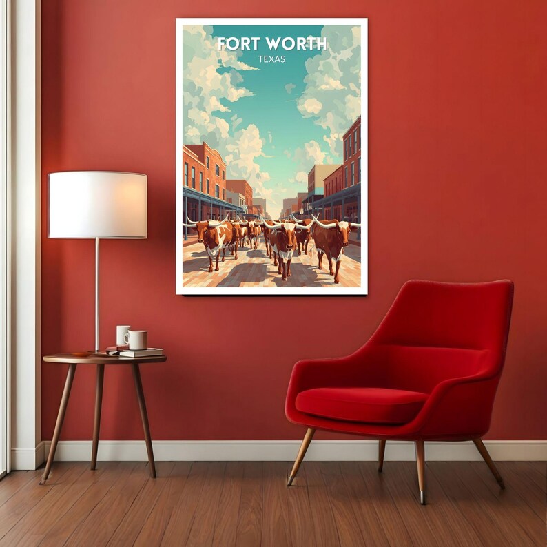 Fort Worth Texas Retro Travel Poster, Mid Century Modern Wall Art Print ...