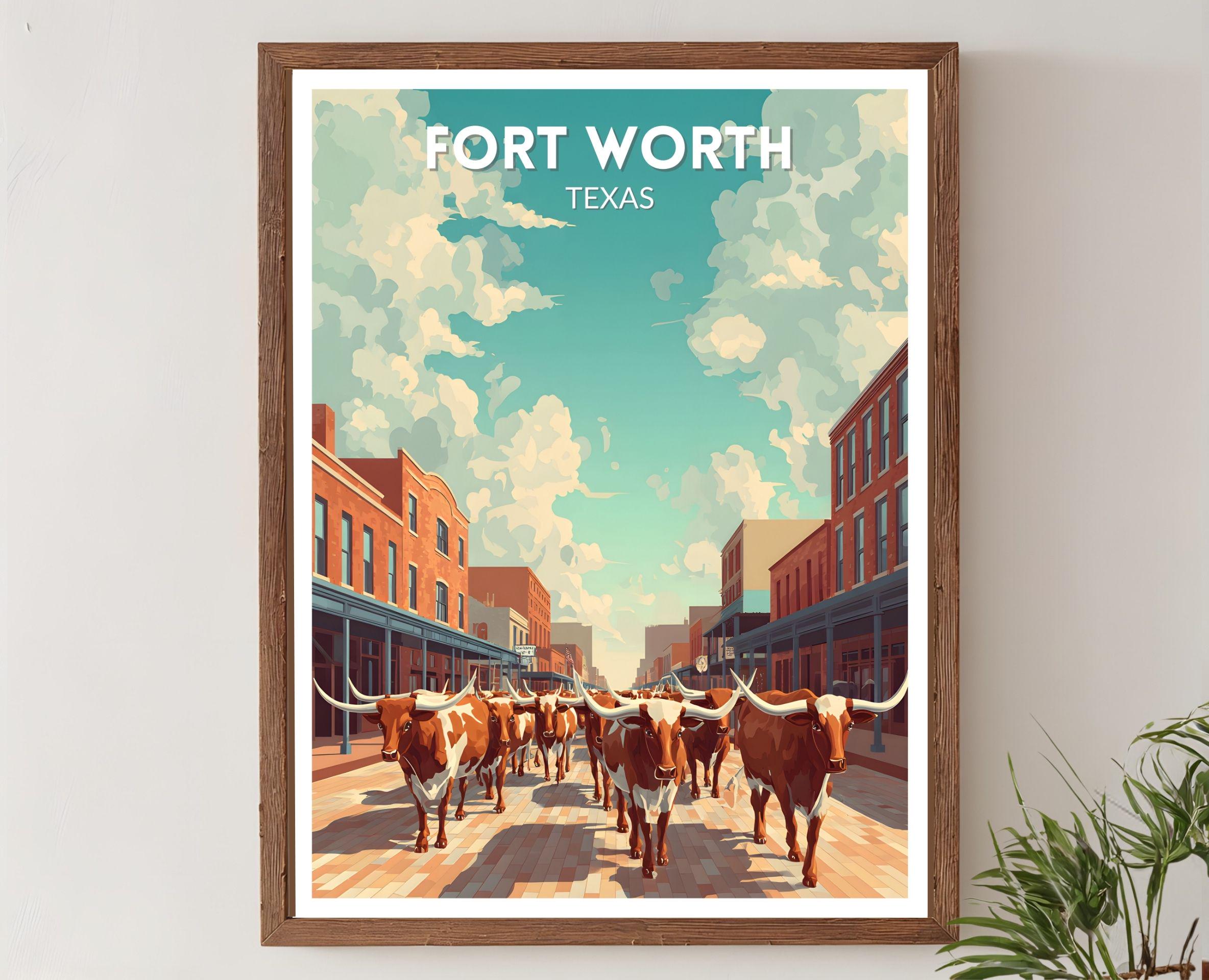 Fort Worth Texas Retro Travel Poster, Mid Century Modern Wall Art Print ...