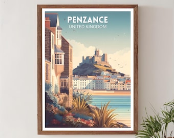 Penzance Cornwall Verenigd Koninkrijk retro reisposter, moderne vintage kustkunst uit het midden van de eeuw, kunst aan de muur Europa