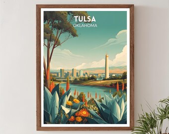 Tulsa Oklahoma Retro Travel Poster, Mid Century Modern Vintage Cityscape Art, North America Wall Art