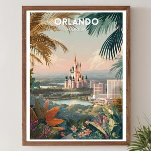 Peut inclure: Impression d'art encadrée représentant Orlando, Floride, avec une illustration aux couleurs pastel. L'image montre un château, des bâtiments et une végétation tropicale luxuriante. Le texte "ORLANDO FLORIDA" est affiché en haut. L'œuvre est encadrée dans un cadre en bois brun.