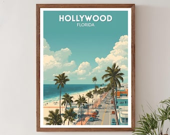 Könnte beinhalten: Ein gerahmter Kunstdruck mit einer Illustration im Vintage-Stil von Hollywood, Florida. Das Kunstwerk zeigt eine Strandszene mit Palmen, einer Straße mit Autos und dem Text "HOLLYWOOD FLORIDA" oben. Der Himmel ist blau mit flauschigen weißen Wolken.