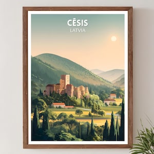 Cēsis Latvia Retro Travel Poster, Mid Century Modern Vintage Historic City Art, Europe Wall Art
