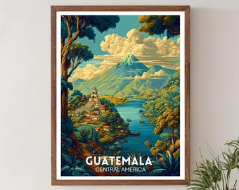 Guatemala Travel Print – Central America Poster, Vintage Wall Art, Guatemala City Poster, Lake Atitlan Artwork, Retro Mayan Village Print
