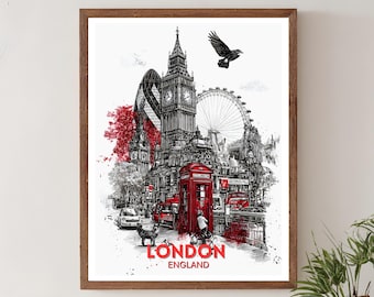 London Travel Poster Print – England Wall Art, London City Poster, Big Ben Artwork, Red Telephone Booth Sketch, Vintage London Travel Print
