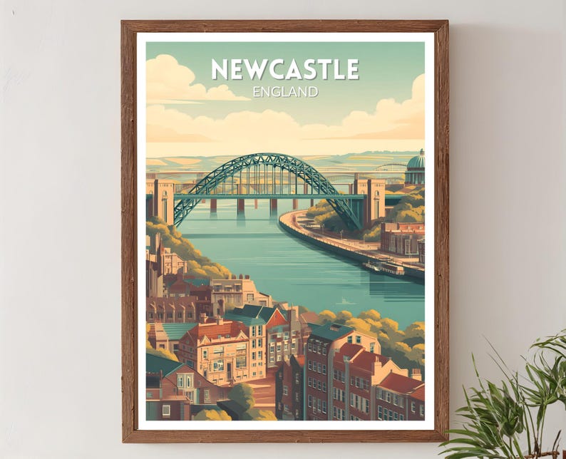 May include: A framed art print featuring a stylized illustration of Newcastle, England. The image showcases the Tyne Bridge in teal, with the text "NEWCASTLE ENGLAND" at the top. The artwork has a vintage travel poster aesthetic.