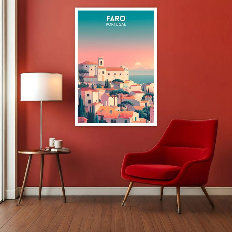 May include: A framed art print featuring a stylized illustration of Faro, Portugal. The artwork depicts a coastal town with white buildings, orange rooftops, and green trees under a gradient sky. The text "FARO PORTUGAL" is at the top.