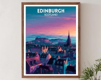 Edinburgh Scotland Vibrant Travel Poster, Retro Futuristic Wall Art Print, Colorful Skyline Landscape, Modern UK Decor