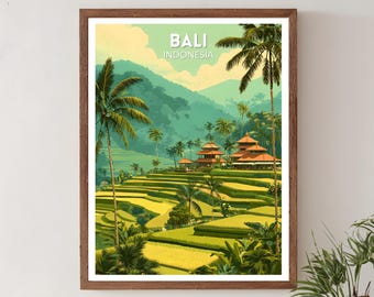 Bali Indonesia Retro Travel Poster, Mid Century Modern Wall Art Print, Vintage Tropical Landscape Decor