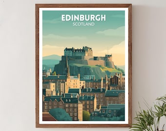 Edinburgh Schotland retro reisposter, moderne muurkunst uit het midden van de eeuw, vintage skyline decor, UK Home Art