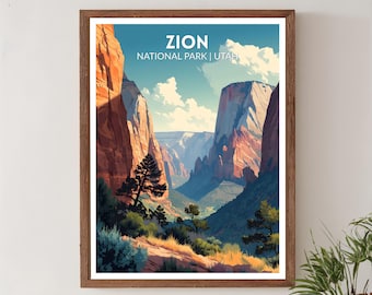 Zion Utah retro reisposter, moderne vintage landschapskunst uit het midden van de eeuw, Noord-Amerika muurkunst