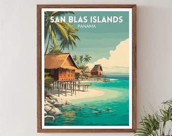 Plakat podróżniczy w stylu retro z Panamy na wyspach San Blas, sztuka nadmorska w stylu mid-century modern, sztuka ścienna z Ameryki Północnej