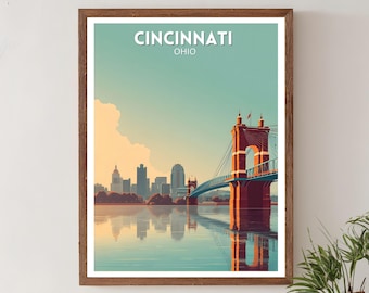 Cincinnati Ohio Vintage Travel Print, Retro Wall Art Poster, Cincinnati Oh Travel Poster, Ohio skyline decor, Vintage city art,