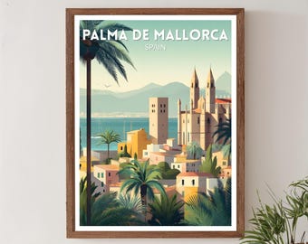 Palma de Mallorca, Spanje retro reisposter, moderne vintage stadskunst uit het midden van de eeuw, kunst aan de muur Europa
