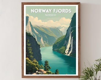 Norwegen Fjorde Retro Reise Poster, Mid Century Modern Vintage Nordische Landschaft Kunst, Europa Wand Kunst
