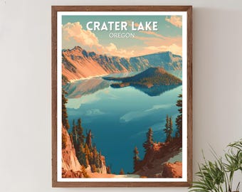 Crater Lake nationalpark Oregon retro reseaffisch, mitten av århundradet modern väggkonsttryck, vintage landskapsdekor, Oregon-affisch, heminredning
