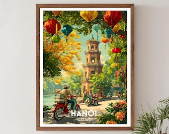 Hanoi Travel Print – Vietnam Poster, Asia Travel Wall Art, Hanoi City Poster, Vintage Vietnamese Artwork, Old Quarter Lanterns, Hanoi Print