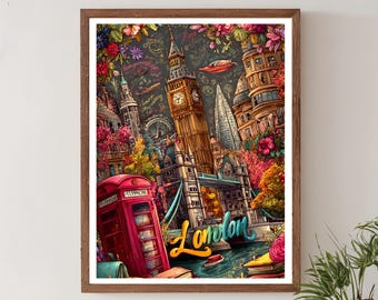 London Poster Print – Colorful Floral London City Poster with Big Ben, England Europe Wall Art, Red Telephone Box Artwork, City Travel Print