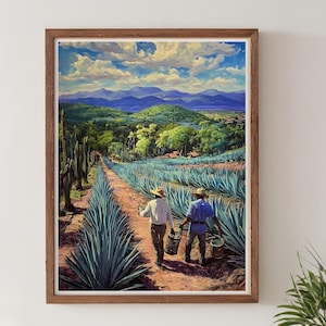 May include: A framed print depicts two figures walking through an agave field, carrying baskets. The artwork showcases a vibrant landscape with blue agave plants, a dirt path, and a backdrop of green hills and a blue sky with clouds.