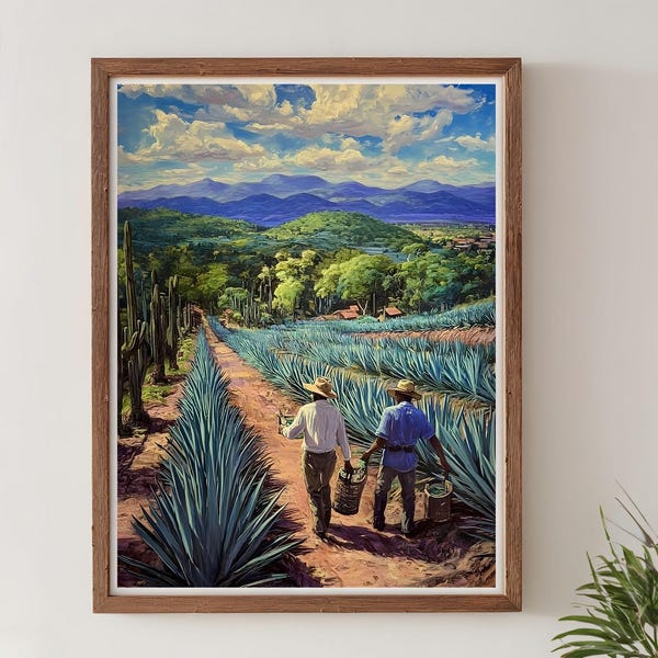 Mexican Agave Farm Art Print - Traditional Farmers Harvest Painting, Blue Agave Landscape Poster, Rural Jalisco Tequila Wall Decor