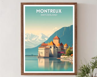 Retro reisposter Montreux-Zwitserland, moderne vintage stadskunst uit het midden van de eeuw, kunst aan de muur Europa