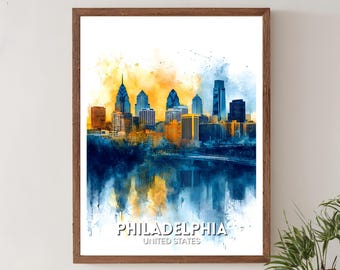 Impression de voyage de Philadelphie en Pennsylvanie - affiche de la ligne d'horizon de Philadelphie, art mural de Philadelphie, aquarelle vintage de paysage urbain, décoration d'intérieur de Pennsylvanie