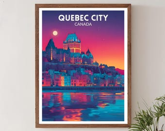 Quebec City Canada Travel Poster, Retro Futuristic Wall Art Print, Colorful Cityscape Deco