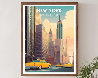 New York Vintage Travel Print, USA Poster, New York Skyline Art, Empire State Building Illustration, America Travel Poster, Cityscape Print