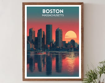 Poster di viaggio vibrante di Boston, Massachusetts, stampa artistica da parete futuristica retrò, tramonto colorato sul porto di Boston, poster del Massachusetts, arte moderna